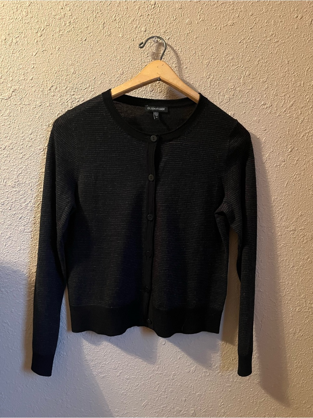 Eileen Fisher Black Crewneck Button-Front Cardigan 100% merino wool size xs